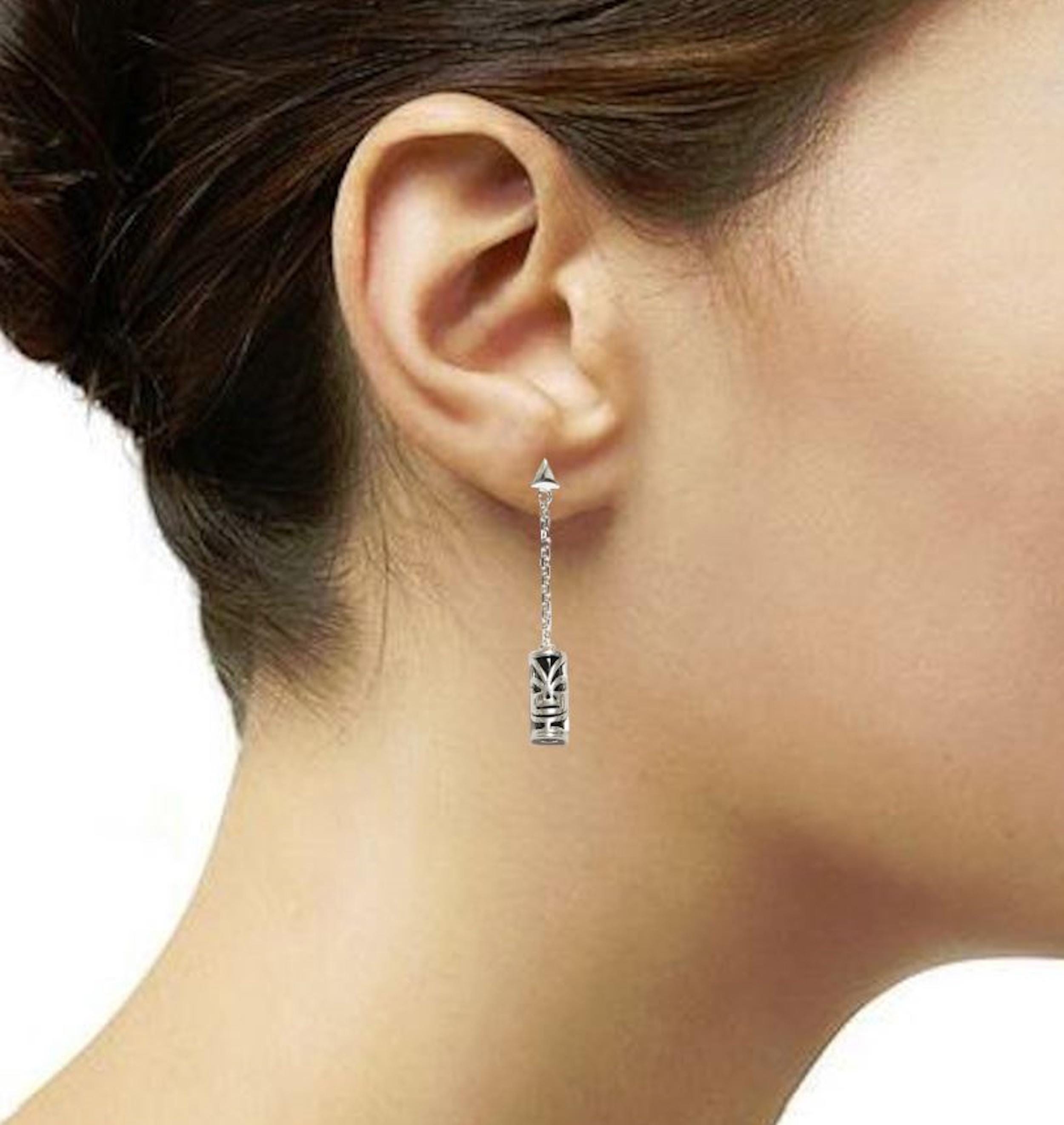 Drop Tiki Earrings 925• Sterling Silver Tribal Totem Dangle Earrings • Exotic Polynesian-Inspired Engraved Theme Jewelry • For Women & Men