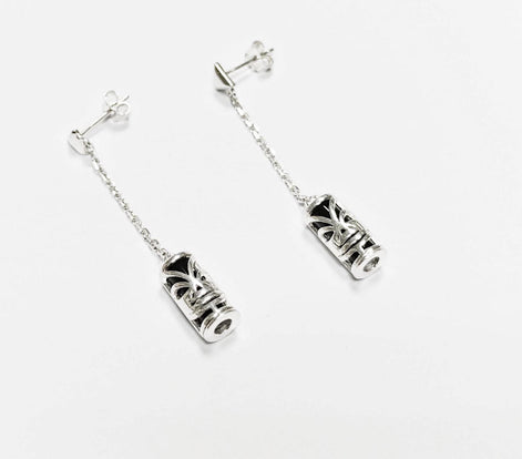 Drop Tiki Earrings 925• Sterling Silver Tribal Totem Dangle Earrings • Exotic Polynesian-Inspired Engraved Theme Jewelry • For Women & Men