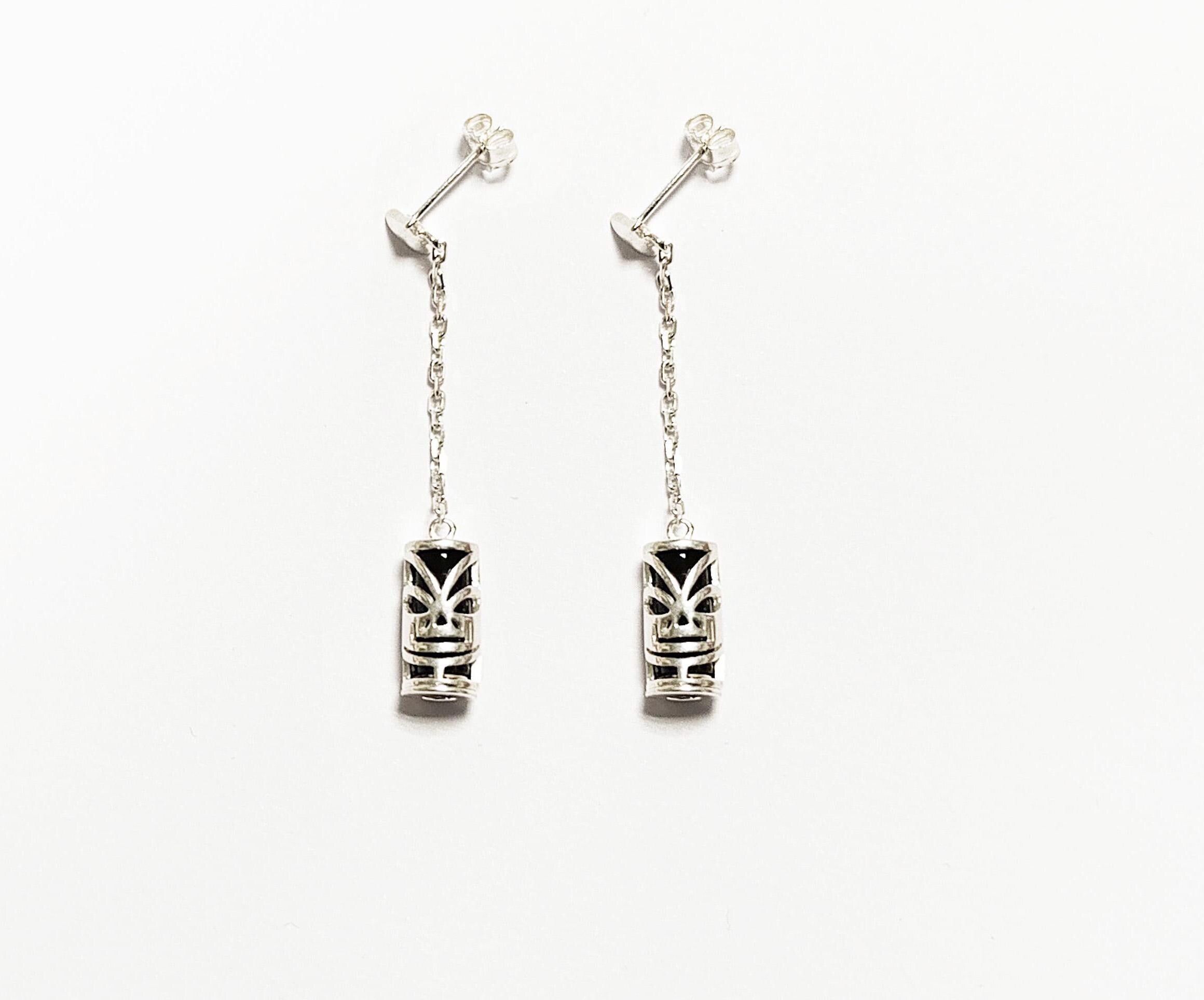 Drop Tiki Earrings 925• Sterling Silver Tribal Totem Dangle Earrings • Exotic Polynesian-Inspired Engraved Theme Jewelry • For Women & Men