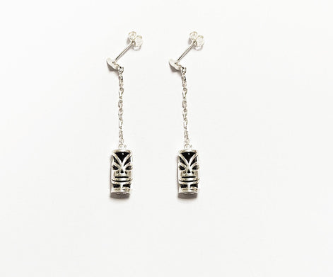 Drop Tiki Earrings 925• Sterling Silver Tribal Totem Dangle Earrings • Exotic Polynesian-Inspired Engraved Theme Jewelry • For Women & Men