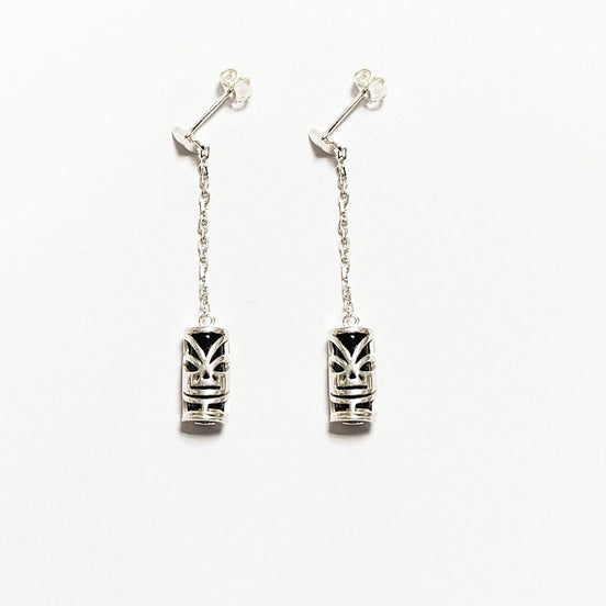 Drop Tiki Earrings 925• Sterling Silver Tribal Totem Dangle Earrings • Exotic Polynesian-Inspired Engraved Theme Jewelry • For Women & Men