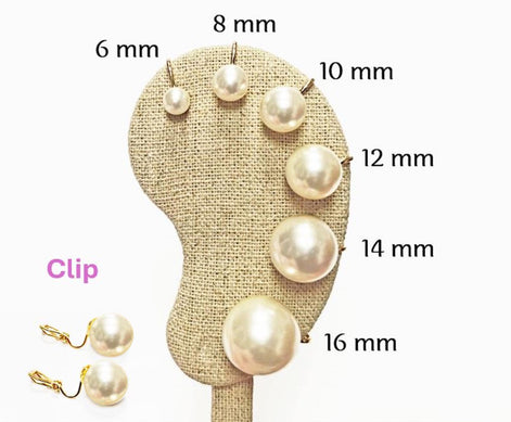 Pearl Discreet CLIP ON Earrings • 18K Gold Plated • Classic Diameter 6 to 16mm White Shell Pearls Non-Pierced Ears • for Wedding or Everyday