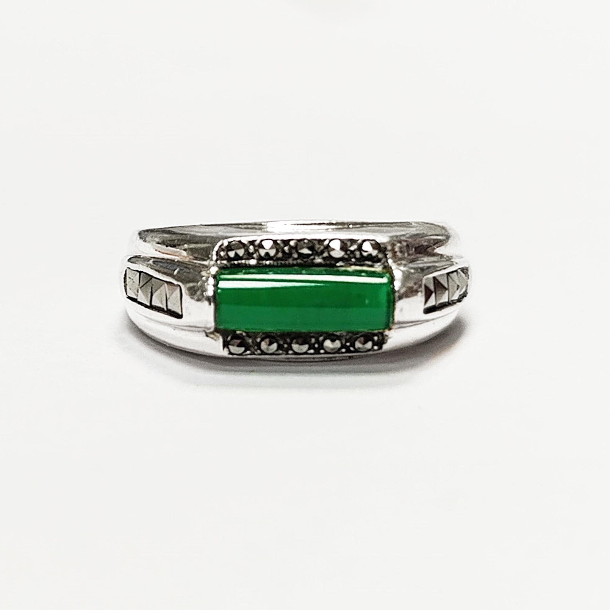 Green Onyx Signet Ring • Sterling Silver • Stylish Vintage Art Deco Style Inspired Jewelry • Rectangular Greenery Agate Stone
