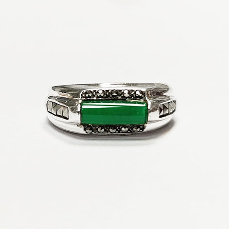 Green Onyx Signet Ring • Sterling Silver • Stylish Vintage Art Deco Style Inspired Jewelry • Rectangular Greenery Agate Stone