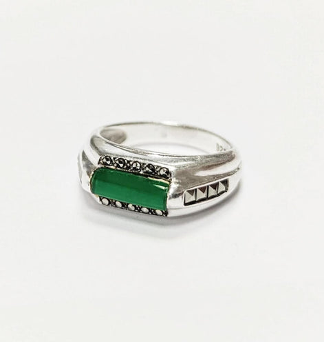 Green Onyx Signet Ring • Sterling Silver • Stylish Vintage Art Deco Style Inspired Jewelry • Rectangular Greenery Agate Stone