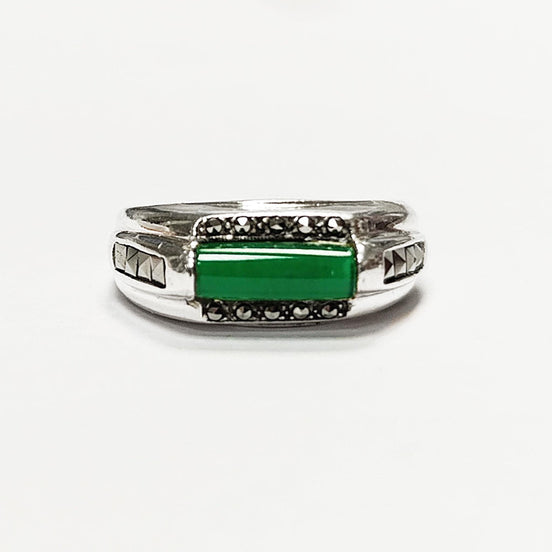 Green Onyx Signet Ring • Sterling Silver • Stylish Vintage Art Deco Style Inspired Jewelry • Rectangular Greenery Agate Stone