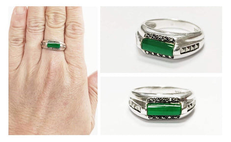 Green Onyx Signet Ring • Sterling Silver • Stylish Vintage Art Deco Style Inspired Jewelry • Rectangular Greenery Agate Stone