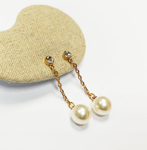 Pearl Drop Earrings • 18K Gold-Plated Chain, Crystal Stud, Shell Pearl, Elegant Wedding & Evening Dangle