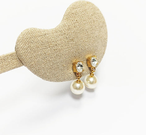 Elegant Crystal and Pearl Drop Earrings by KRAMIKE • 18K Gold-Plated • 10MM Pearl Jewelry.