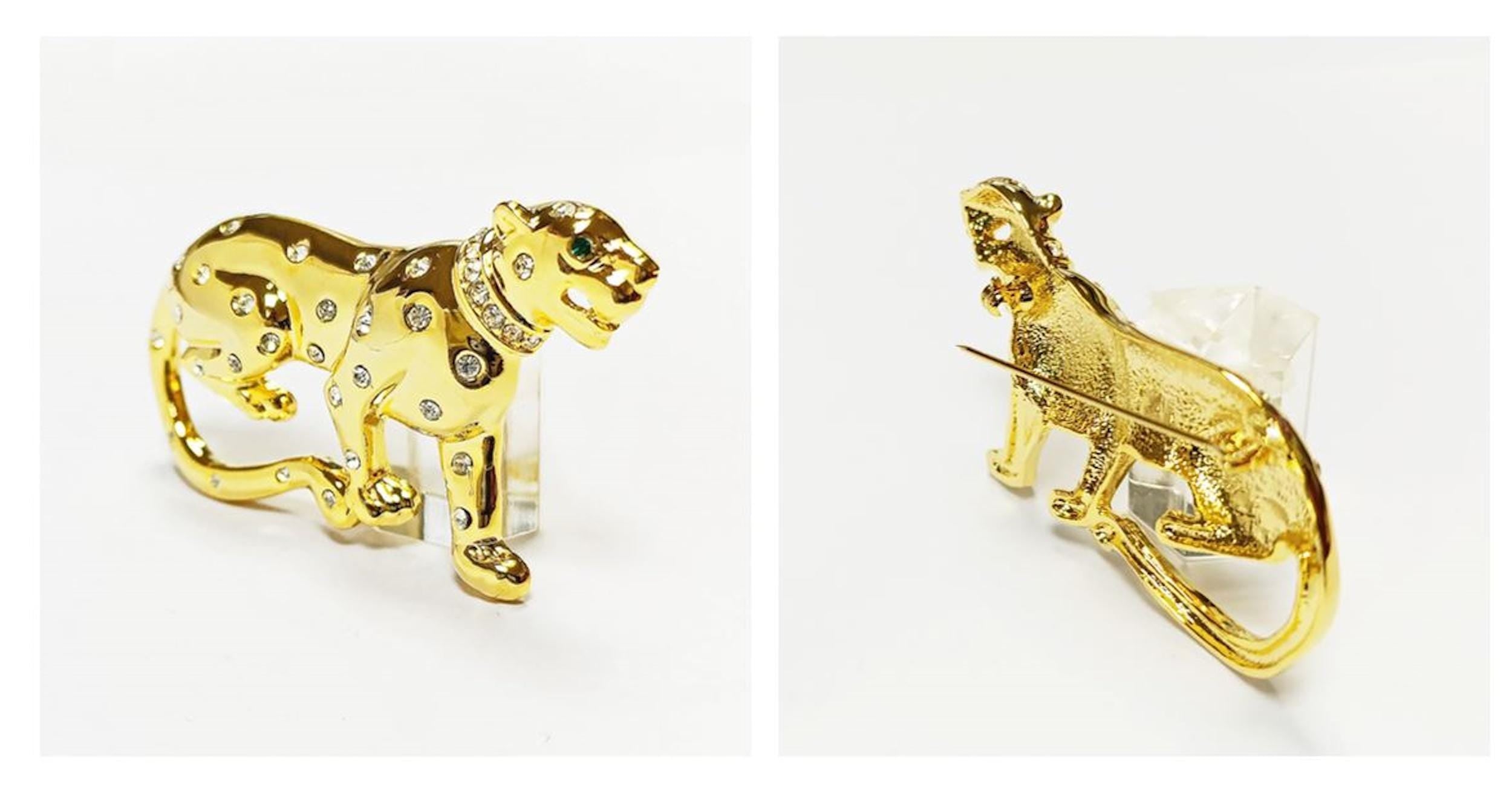 Gold Panther Brooch • Luxury Gold gilded & Crystals Jungle Animal Lapel Brooch • Powerful Feline Jewelry • Bold Gift for Big Cat Lover