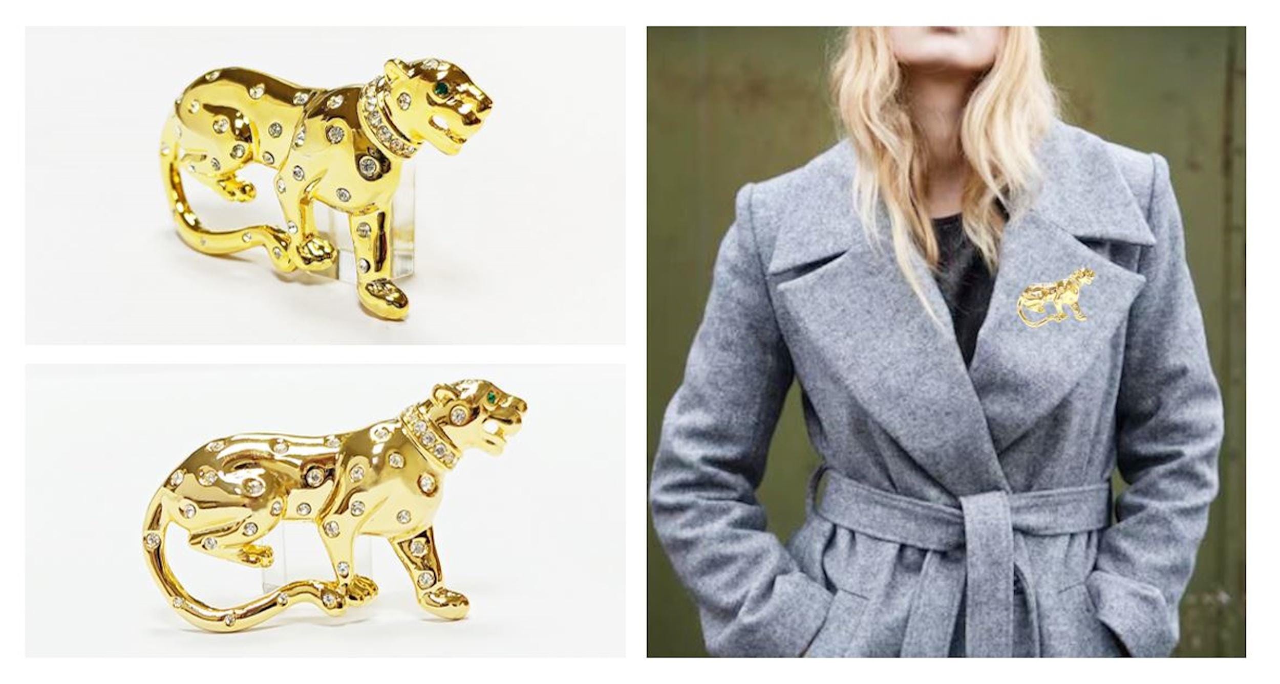 Gold Panther Brooch • Luxury Gold gilded & Crystals Jungle Animal Lapel Brooch • Powerful Feline Jewelry • Bold Gift for Big Cat Lover