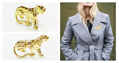 Gold Panther Brooch • Luxury Gold gilded & Crystals Jungle Animal Lapel Brooch • Powerful Feline Jewelry • Bold Gift for Big Cat Lover