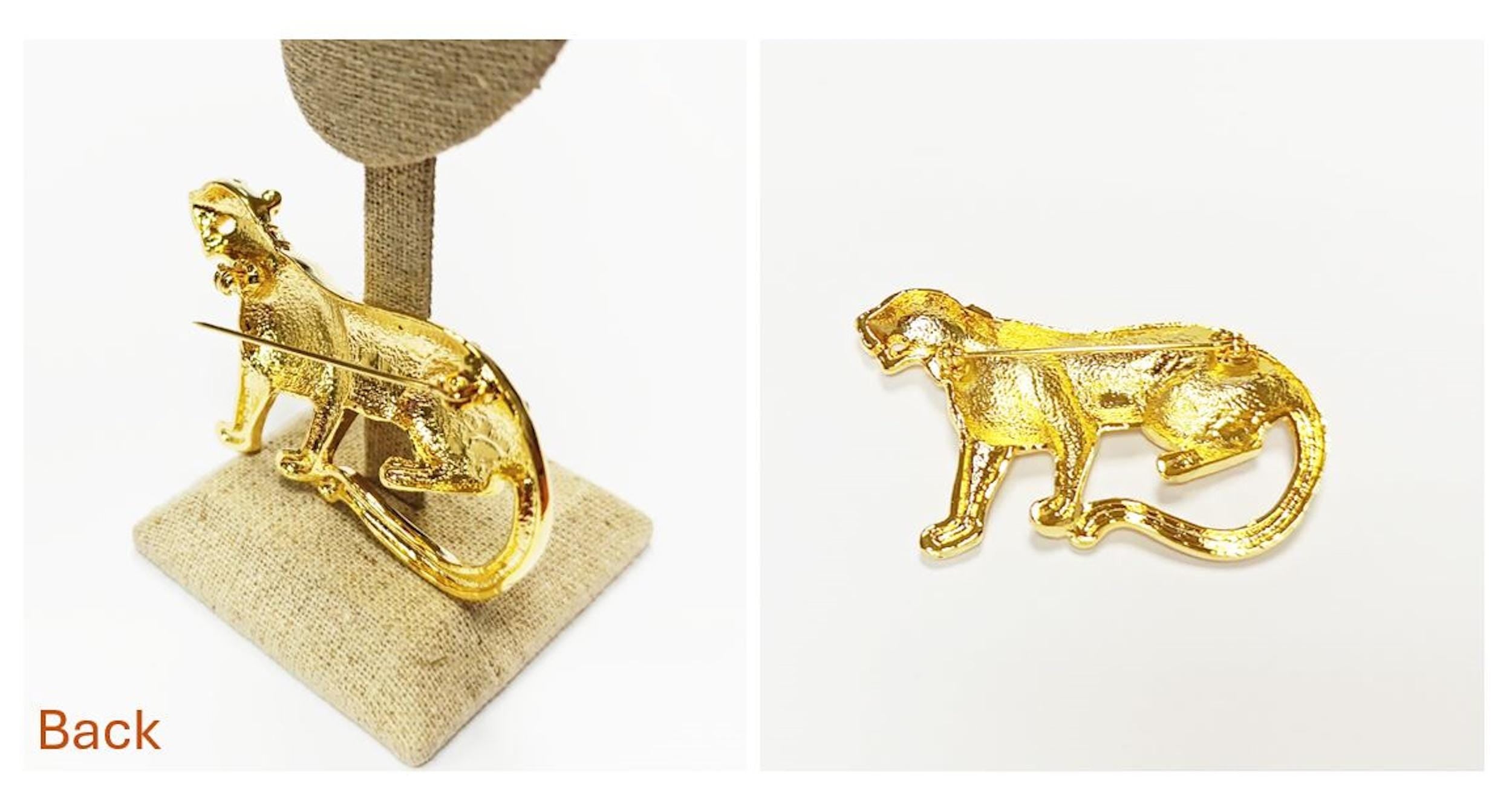 Gold Panther Brooch • Luxury Gold gilded & Crystals Jungle Animal Lapel Brooch • Powerful Feline Jewelry • Bold Gift for Big Cat Lover