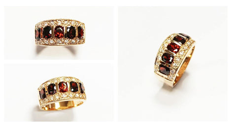 Garnet Gold Band Ring, Elegant 18K Gold-Plated Red CZ January Birthstone Jewelry, Luxurious Statement Cocktail Wedding, Birthday Gift