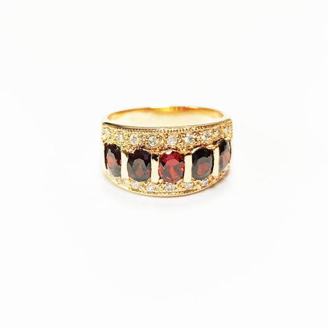 Garnet Gold Band Ring, Elegant 18K Gold-Plated Red CZ January Birthstone Jewelry, Luxurious Statement Cocktail Wedding, Birthday Gift