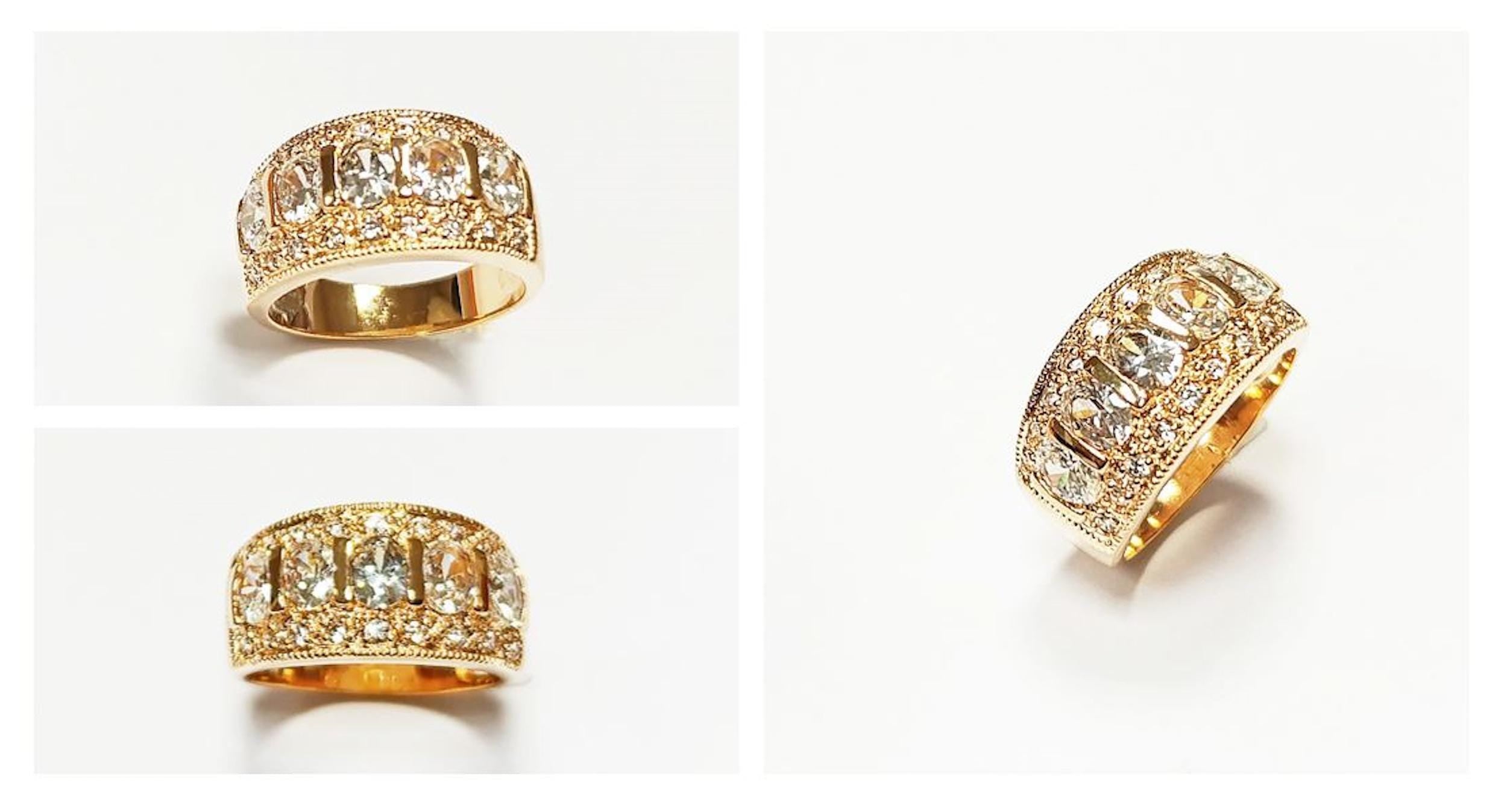 Diamond Gold Band Ring, Elegant 18K Gold-Plated White Diamond CZ Stones, April Birthstone Jewelry, Statement Cocktail Wedding, Birthday Gift