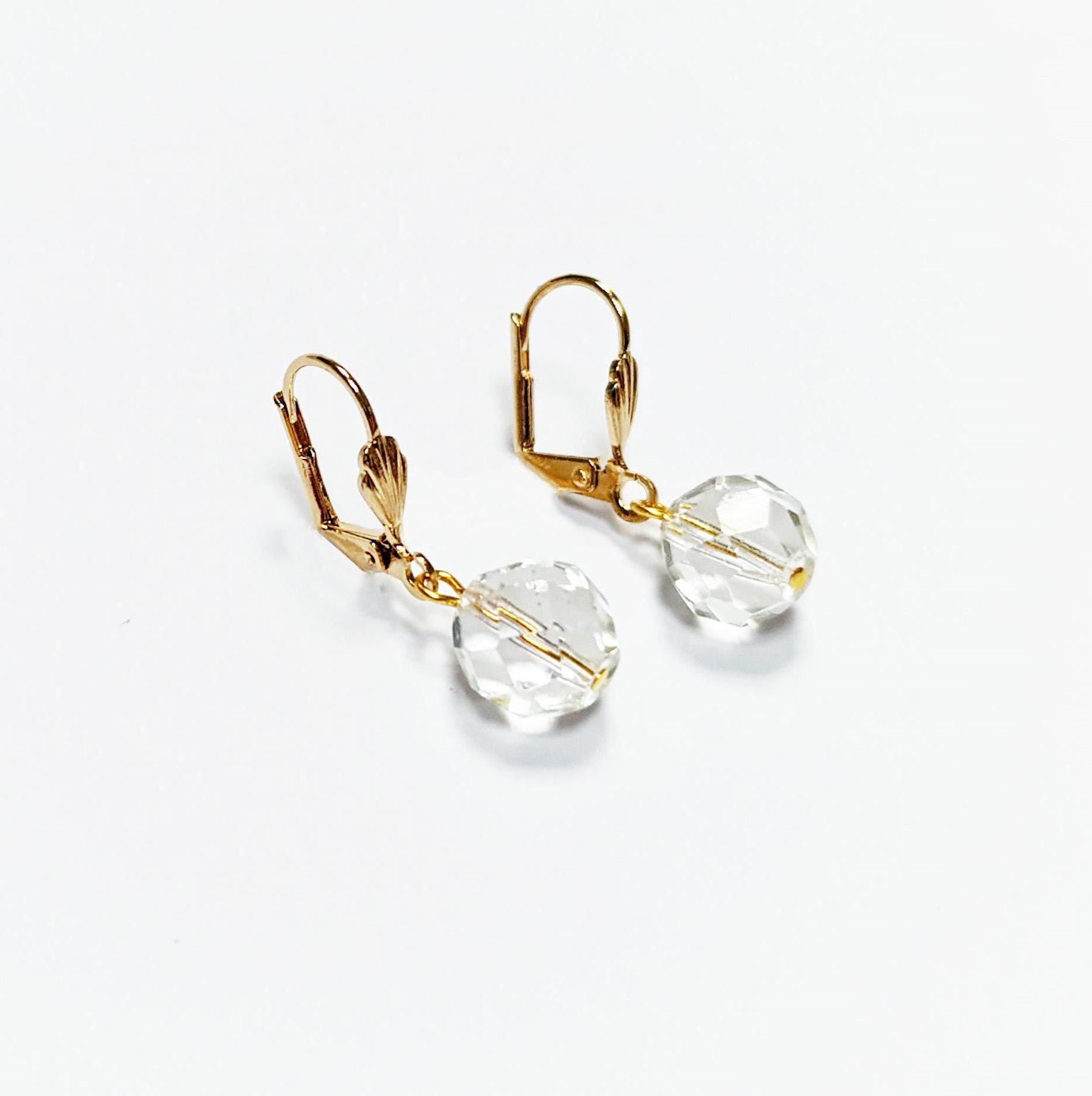 Crystal Balls Earrings • 18K Gold Plated Lever Back Hooks and Dangle Faceted Ball Beads • Minimalist Everyday Jewelry for Women • Bold Gift