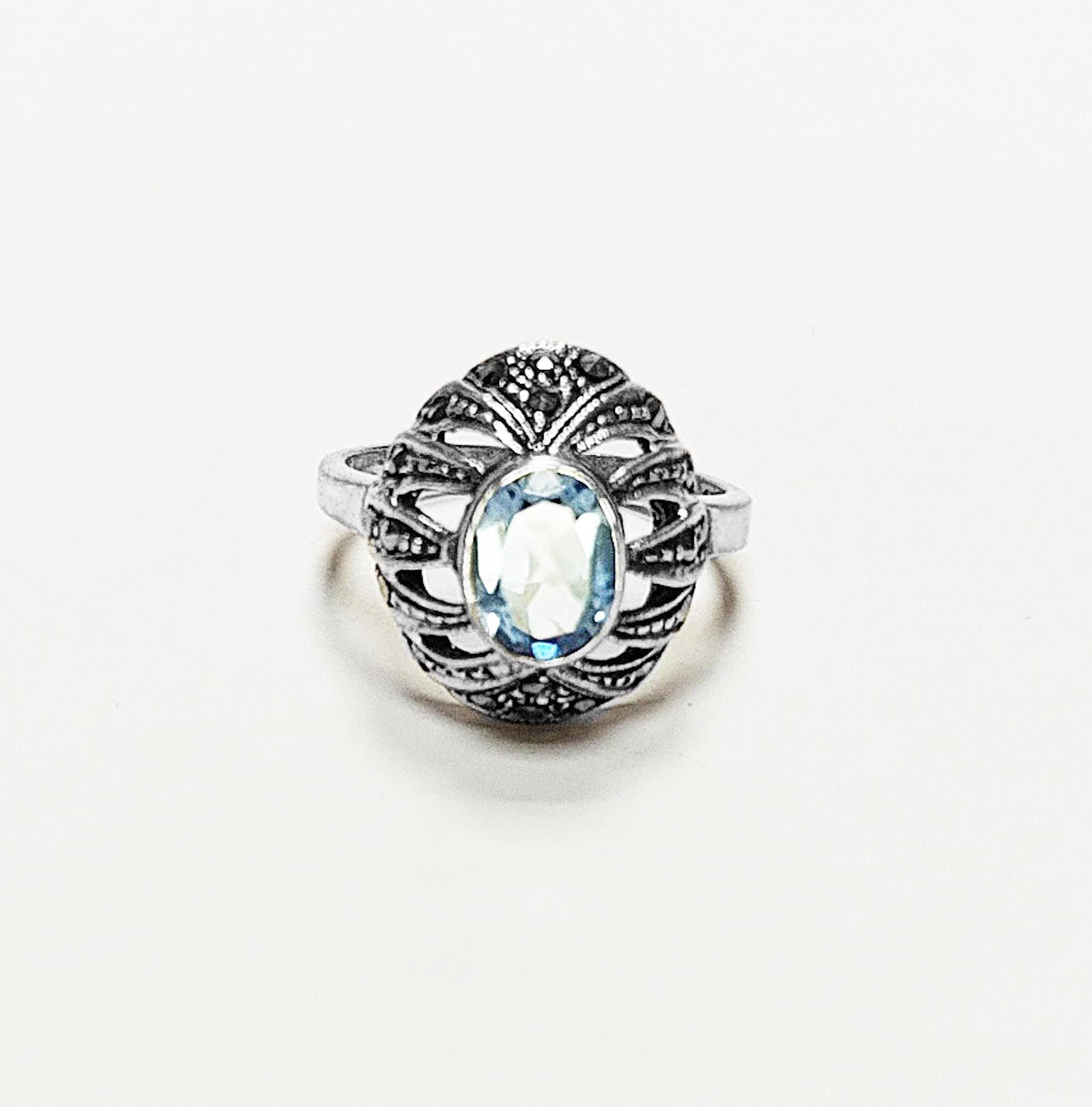 Art Deco Blue Topaz Ring • Sterling Silver • Marcasite & Lab Blue Oval Cz Stone • Vintage Retro Antique Inspired jewelry • Gift for Her