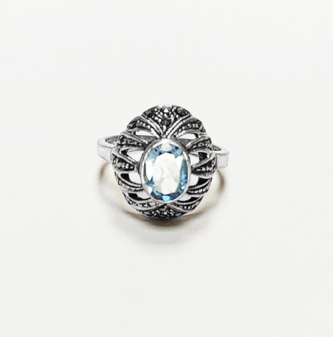 Art Deco Blue Topaz Ring • Sterling Silver • Marcasite & Lab Blue Oval Cz Stone • Vintage Retro Antique Inspired jewelry • Gift for Her