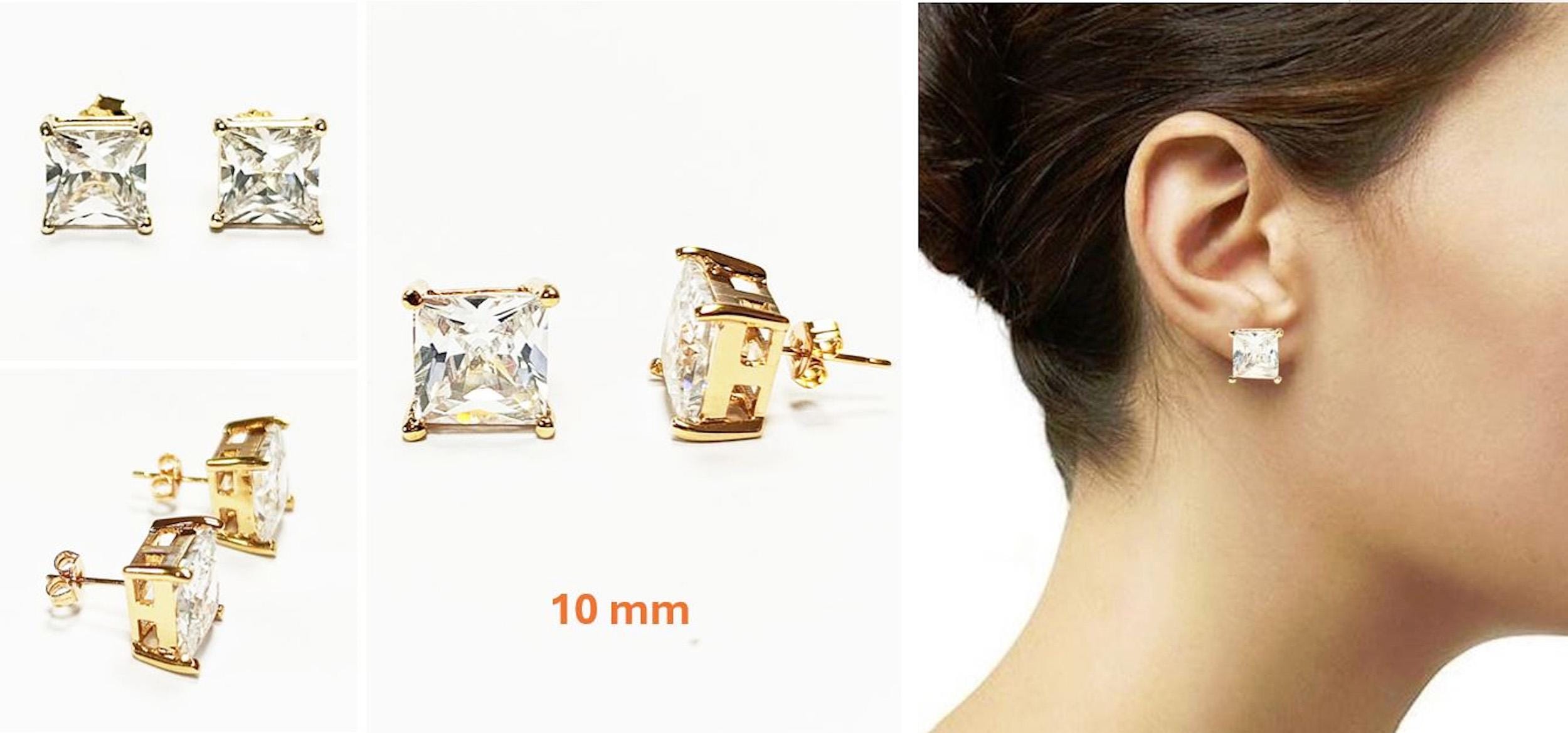 Gold Square Diamond Studs • Prong Set Stud Earrings • Minimalist Classic Jewelry• Unisex Gift