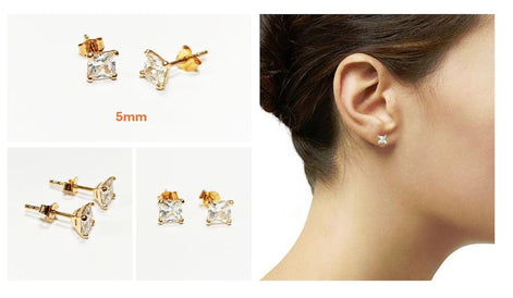 Gold Square Diamond Studs • Prong Set Stud Earrings • Minimalist Classic Jewelry• Unisex Gift