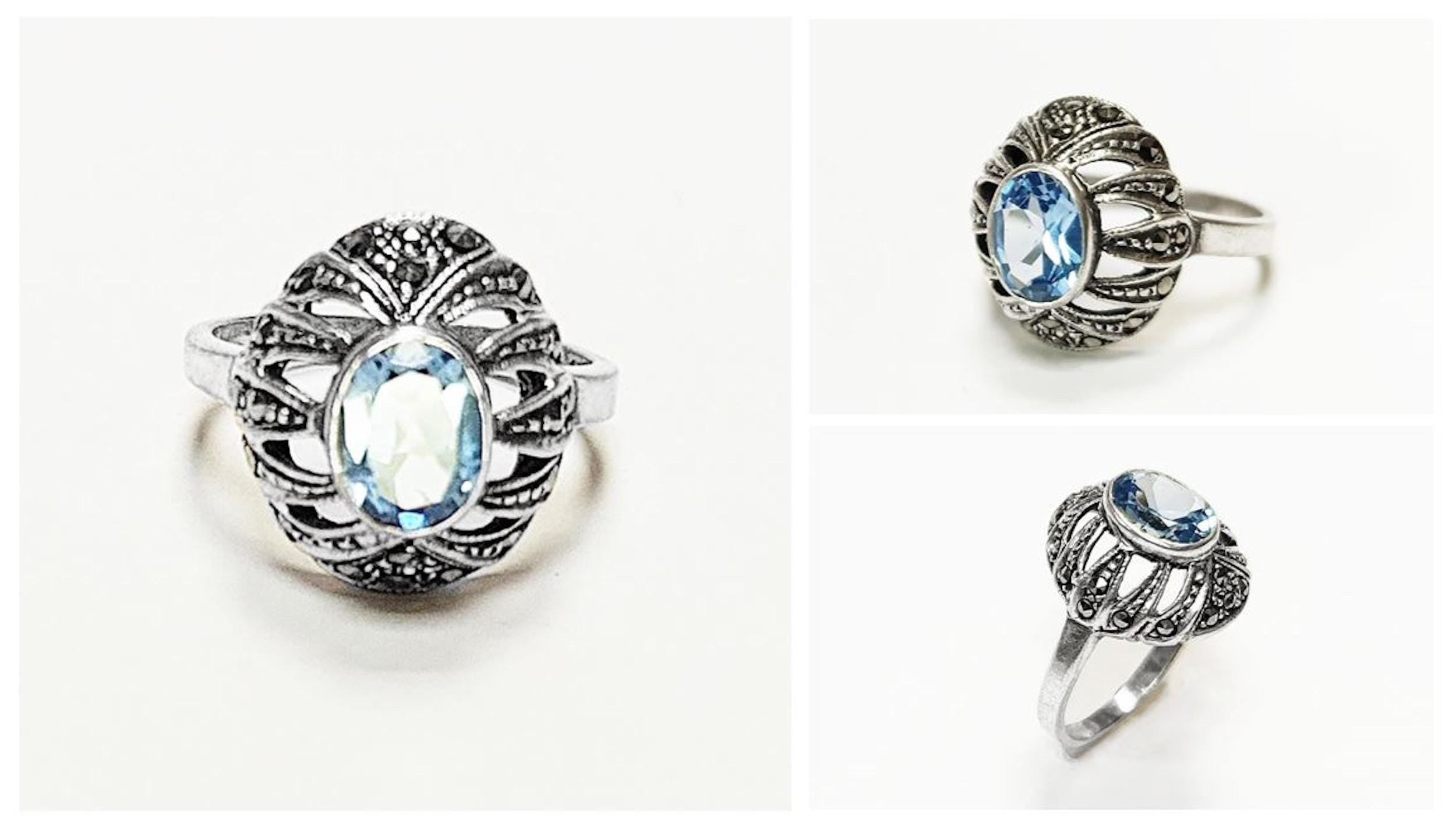 Art Deco Blue Topaz Ring • Sterling Silver • Marcasite & Lab Blue Oval Cz Stone • Vintage Retro Antique Inspired jewelry • Gift for Her