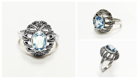 Art Deco Blue Topaz Ring • Sterling Silver • Marcasite & Lab Blue Oval Cz Stone • Vintage Retro Antique Inspired jewelry • Gift for Her