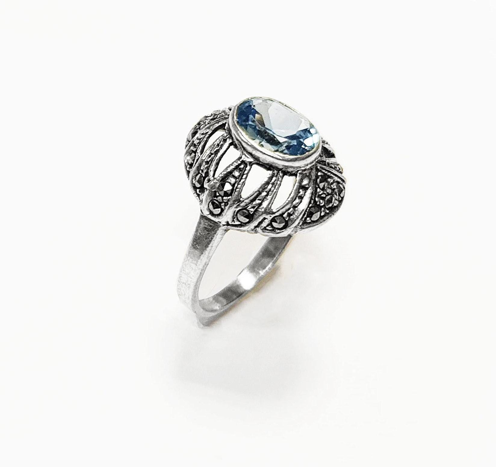 Art Deco Blue Topaz Ring • Sterling Silver • Marcasite & Lab Blue Oval Cz Stone • Vintage Retro Antique Inspired jewelry • Gift for Her