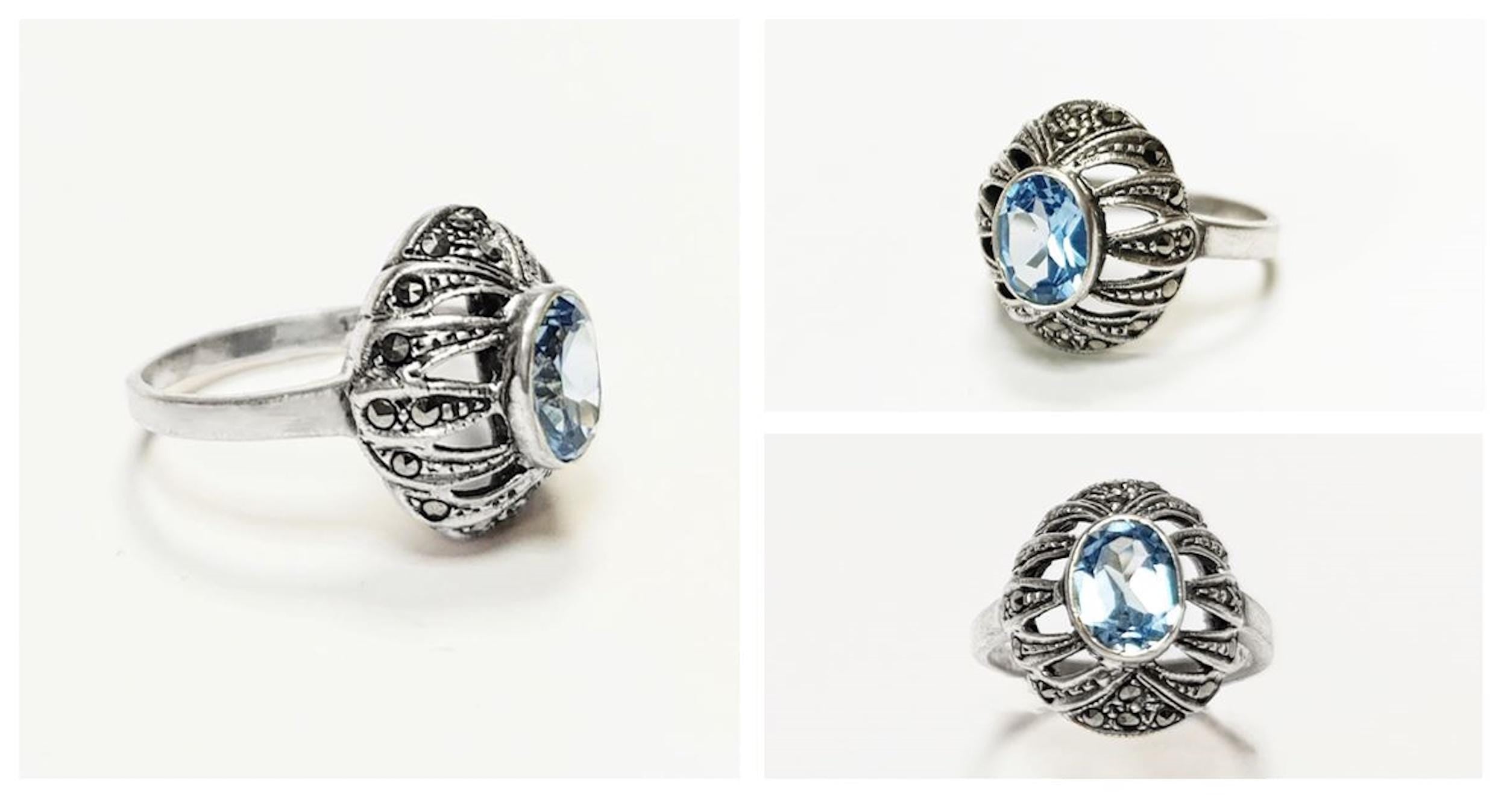 Art Deco Blue Topaz Ring • Sterling Silver • Marcasite & Lab Blue Oval Cz Stone • Vintage Retro Antique Inspired jewelry • Gift for Her