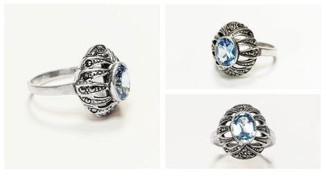 Art Deco Blue Topaz Ring • Sterling Silver • Marcasite & Lab Blue Oval Cz Stone • Vintage Retro Antique Inspired jewelry • Gift for Her