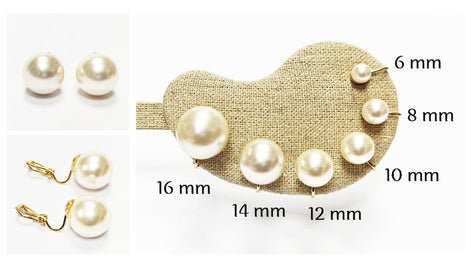 Pearl Discreet CLIP ON Earrings • 18K Gold Plated • Classic Diameter 6 to 16mm White Shell Pearls Non-Pierced Ears • for Wedding or Everyday