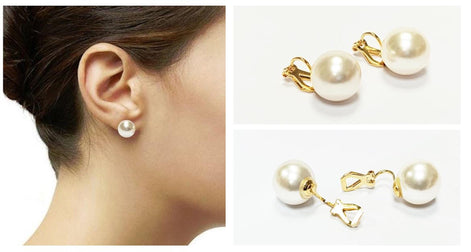 Pearl Discreet CLIP ON Earrings • 18K Gold Plated • Classic Diameter 6 to 16mm White Shell Pearls Non-Pierced Ears • for Wedding or Everyday