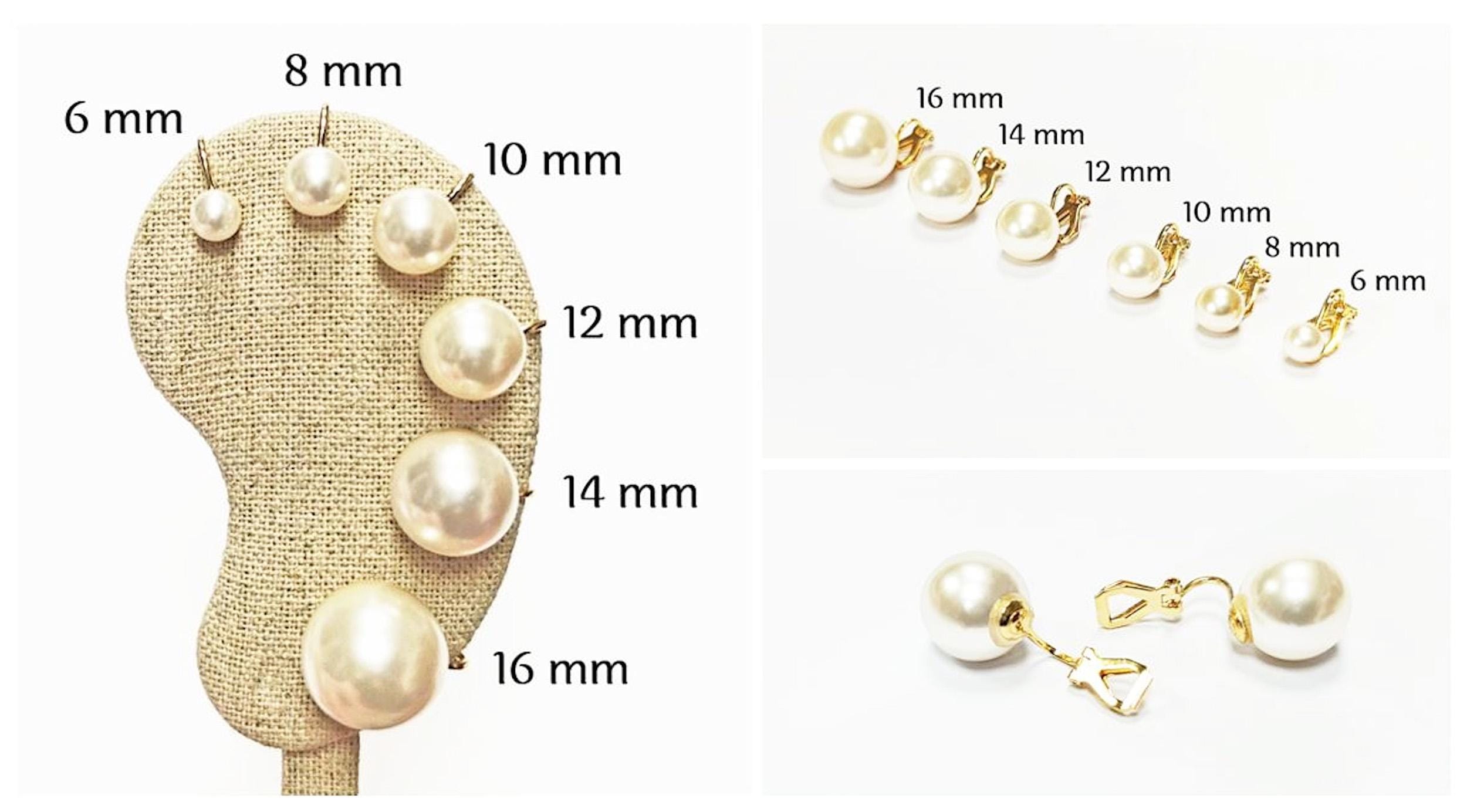 Pearl Discreet CLIP ON Earrings • 18K Gold Plated • Classic Diameter 6 to 16mm White Shell Pearls Non-Pierced Ears • for Wedding or Everyday