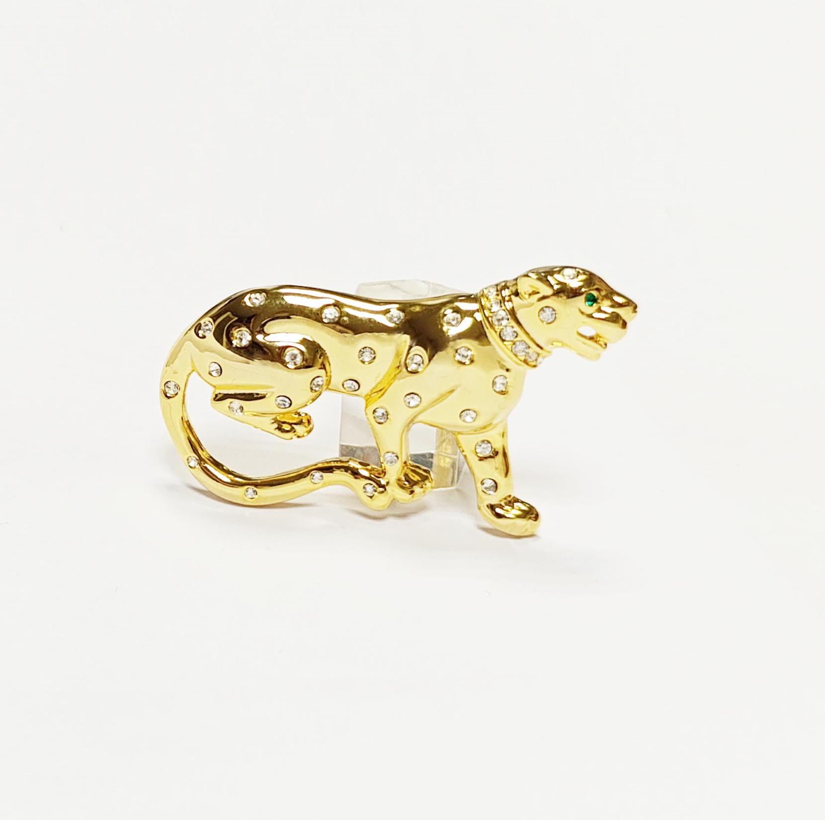 Gold Panther Brooch • Luxury Gold gilded & Crystals Jungle Animal Lapel Brooch • Powerful Feline Jewelry • Bold Gift for Big Cat Lover