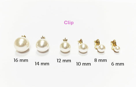 Pearl Discreet CLIP ON Earrings • 18K Gold Plated • Classic Diameter 6 to 16mm White Shell Pearls Non-Pierced Ears • for Wedding or Everyday