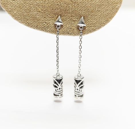 Drop Tiki Earrings 925• Sterling Silver Tribal Totem Dangle Earrings • Exotic Polynesian-Inspired Engraved Theme Jewelry • For Women & Men