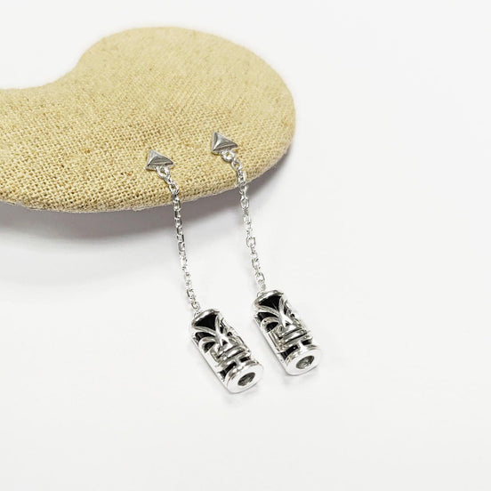 Drop Tiki Earrings 925• Sterling Silver Tribal Totem Dangle Earrings • Exotic Polynesian-Inspired Engraved Theme Jewelry • For Women & Men