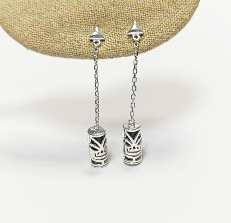 Drop Tiki Earrings 925• Sterling Silver Tribal Totem Dangle Earrings • Exotic Polynesian-Inspired Engraved Theme Jewelry • For Women & Men