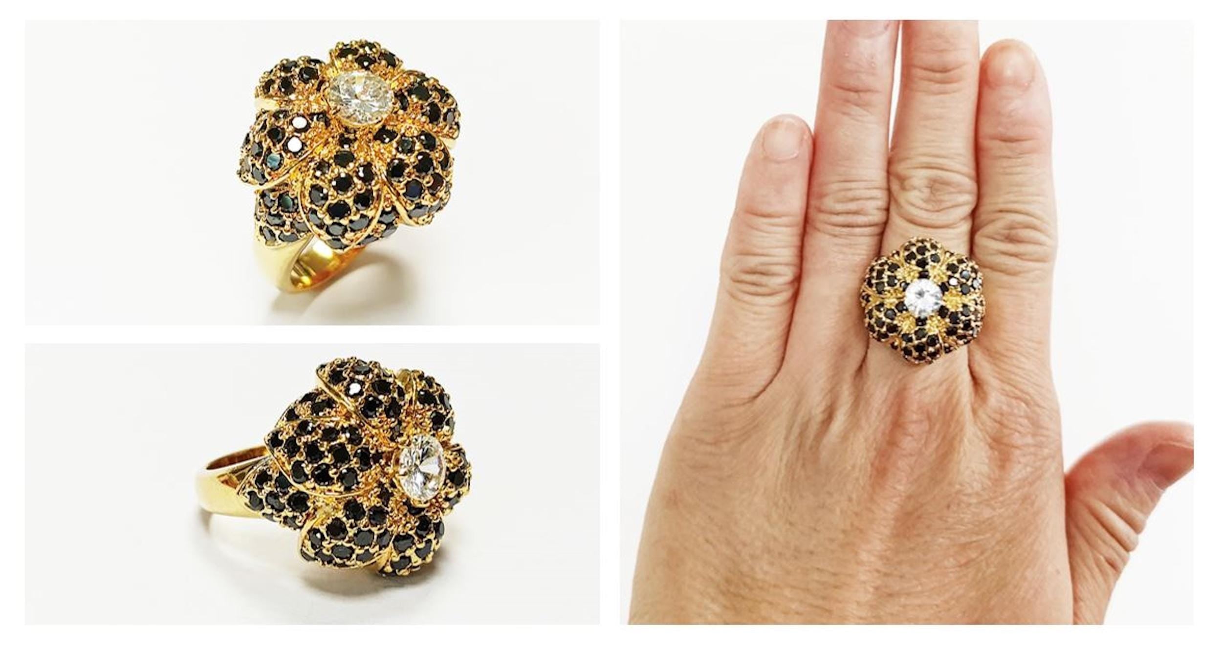 18K Gold Plated Ring • Black & White Rose Flower • Statement Glam Floral Design Stones Jewelry • Elegant Cocktail Ring, Amazing Vintage Ring