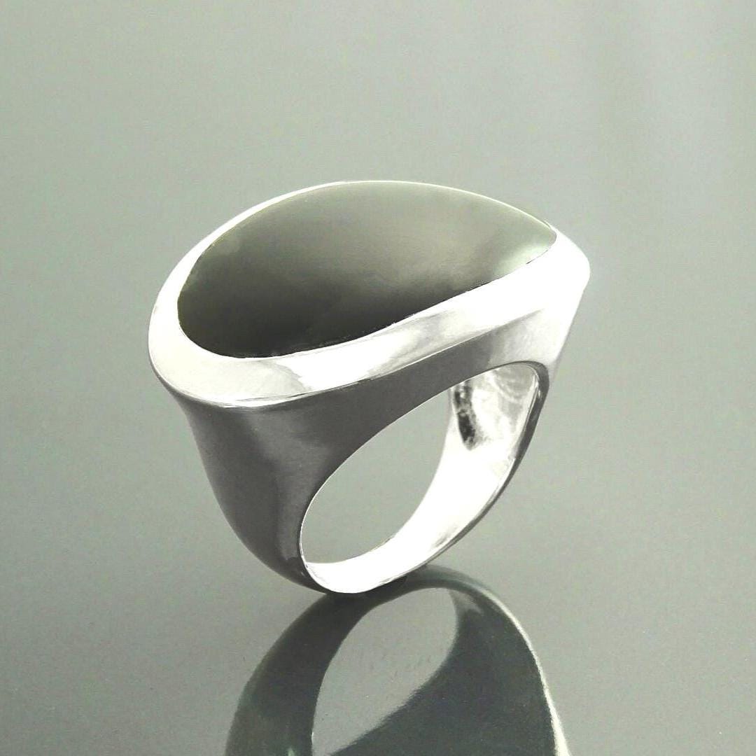 Oval Black Onyx Ring, Sterling Silver, Onyx Gemstone, Horizontal Stone, Wide Low Domed Ring, Unique Statement Ring, Modern Style Jewelry