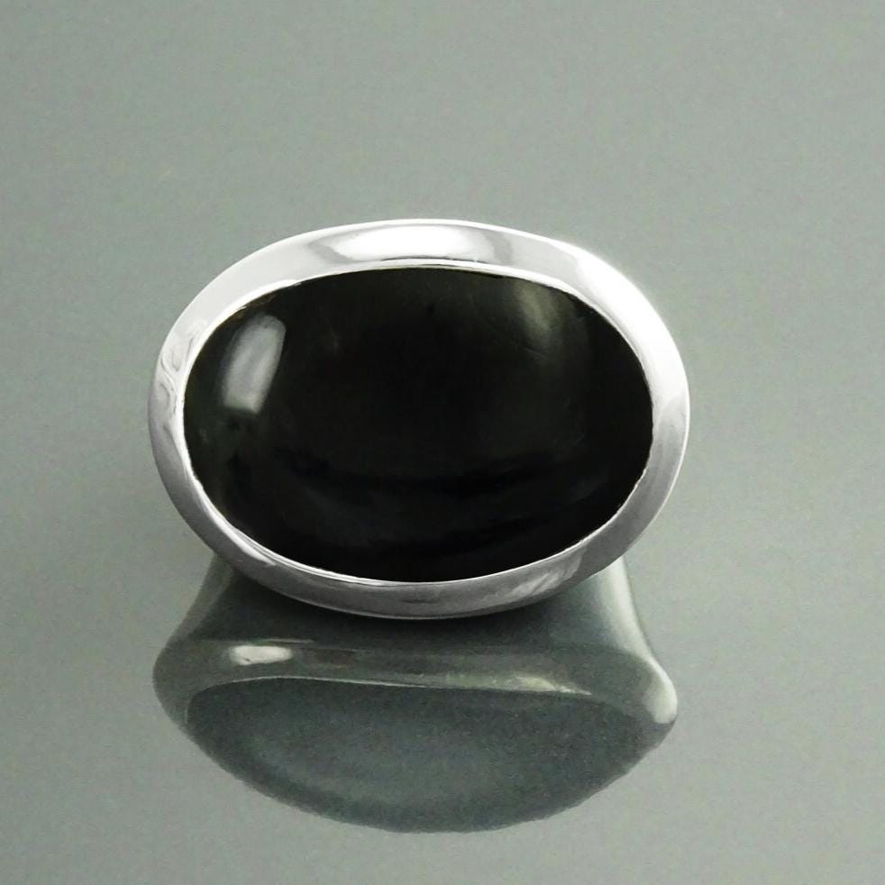 Oval Black Onyx Ring, Sterling Silver, Onyx Gemstone, Horizontal Stone, Wide Low Domed Ring, Unique Statement Ring, Modern Style Jewelry
