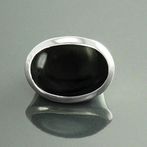 Oval Black Onyx Ring, Sterling Silver, Onyx Gemstone, Horizontal Stone, Wide Low Domed Ring, Unique Statement Ring, Modern Style Jewelry