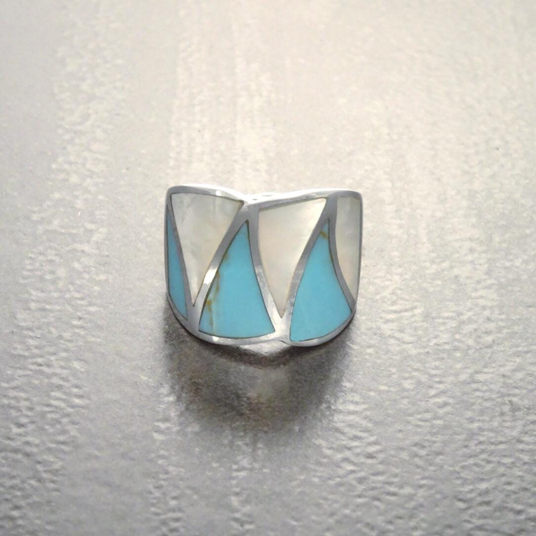 Turquoise Ring, Sterling Silver, Crossing Blue Turquoise Stone Ring, White Mother of Pearl Shell, Geometrical Framed Design Stones Jewelry