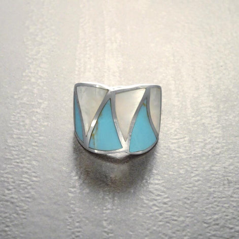 Turquoise Ring, Sterling Silver, Crossing Blue Turquoise Stone Ring, White Mother of Pearl Shell, Geometrical Framed Design Stones Jewelry