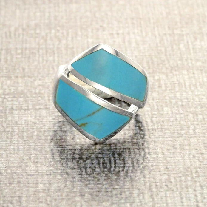 Blue Turquoise Ring - Sterling Silver - Turquoise Bypass Ring - Gemstone Crossing Ring - Turquoise Stone Ring - Framed Ring - Original Ring
