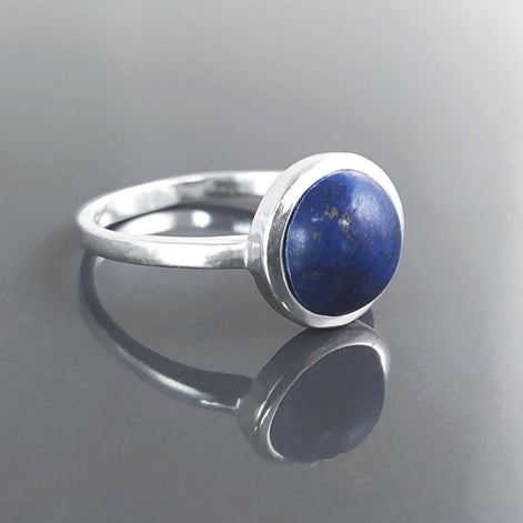 925 Lapis Ring Sterling Silver, Round Blue Stone Ring, Genuine Blue Lapis Lazuli Gemstone Birthstone Jewelry, Modern Minimalist Style Gift