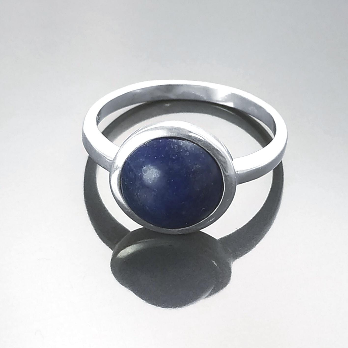925 Lapis Ring Sterling Silver, Round Blue Stone Ring, Genuine Blue Lapis Lazuli Gemstone Birthstone Jewelry, Modern Minimalist Style Gift