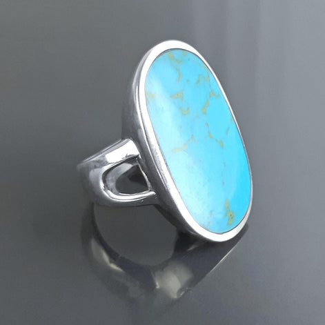 Blue Turquoise Ring, Sterling Silver, Turquoise Flat Stone, Original Rectangle Oval Form Ring, Modern Designer Setting Shape Jewelry