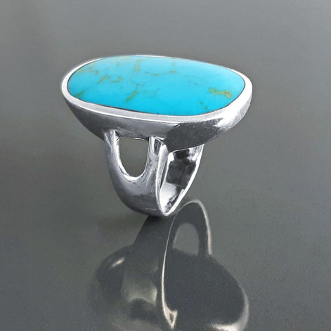Blue Turquoise Ring, Sterling Silver, Turquoise Flat Stone, Original Rectangle Oval Form Ring, Modern Designer Setting Shape Jewelry