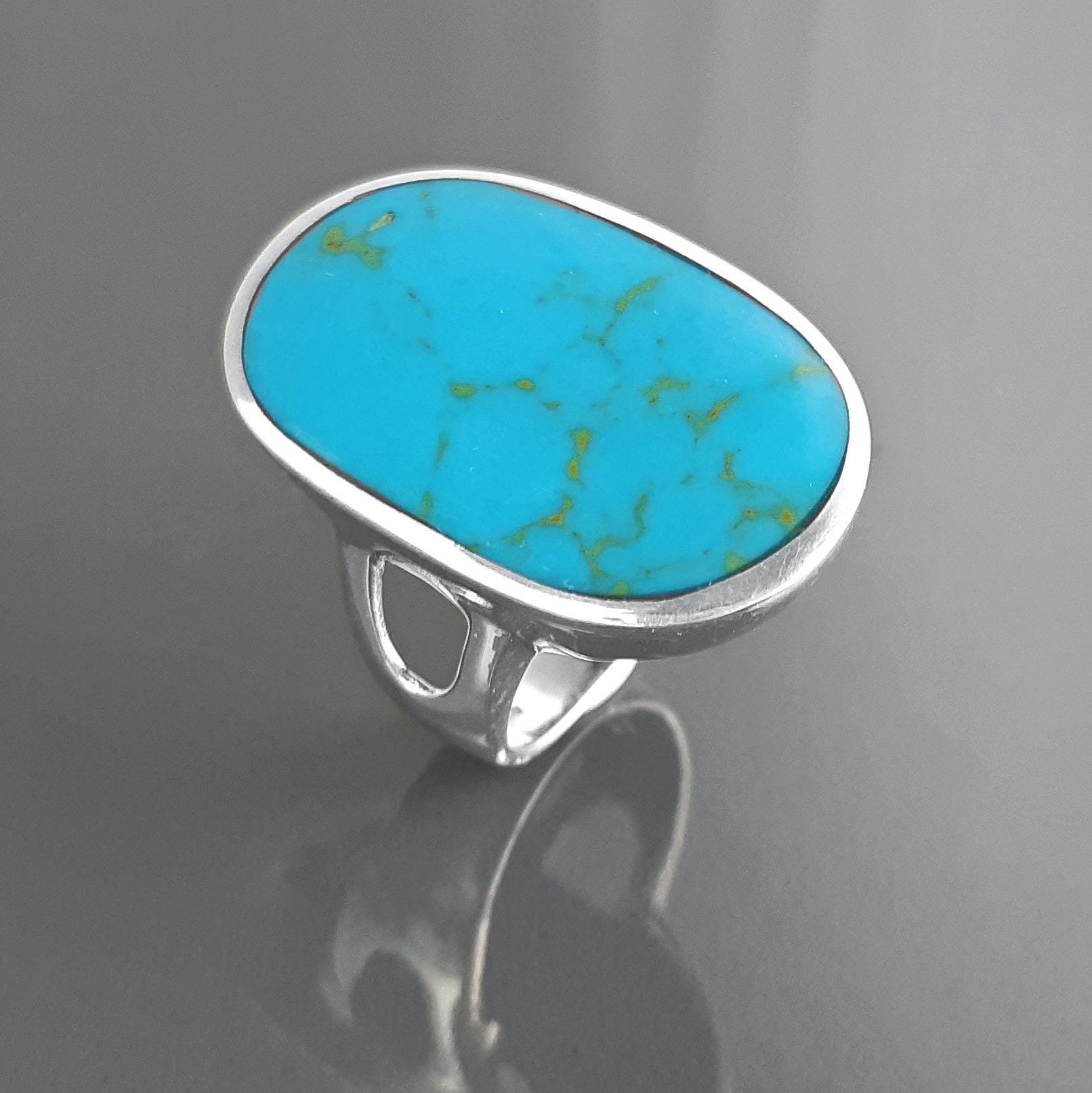 Blue Turquoise Ring, Sterling Silver, Turquoise Flat Stone, Original Rectangle Oval Form Ring, Modern Designer Setting Shape Jewelry